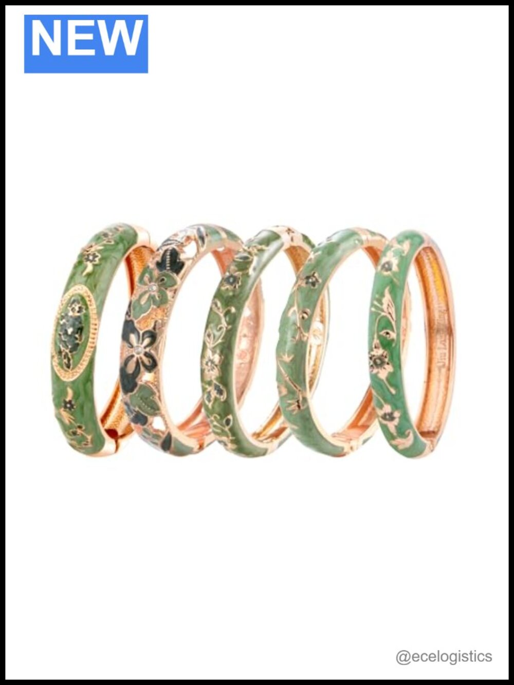 UJOY Enamel Bangle Bracelet Set 5 Pc Rose Flower Engraved Cloisonne Alloy Gold